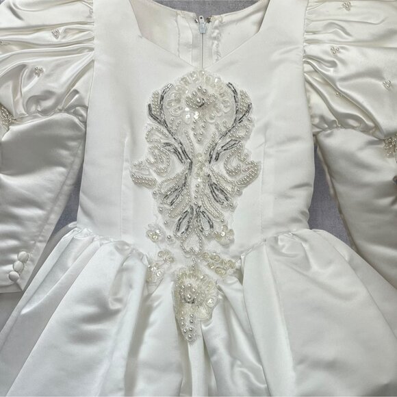 White Satin Girls Dress W/ Embroidered Lace & Beaded Wedding baptism - Picture 2 of 14